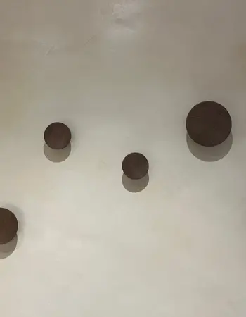 paterres rondes marrons sur mur en béton ciré beige